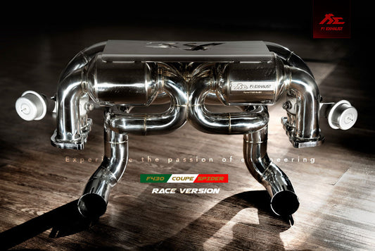 Ferrari F430 Coupe / Spider catback exhaust system with valvetronic technology for enhanced performance and sound. High-quality stainless steel construction for durability and style. Upgrade your Ferrari F430 Coupe / Spider with our aftermarket catback exhaust for a thrilling driving experience.