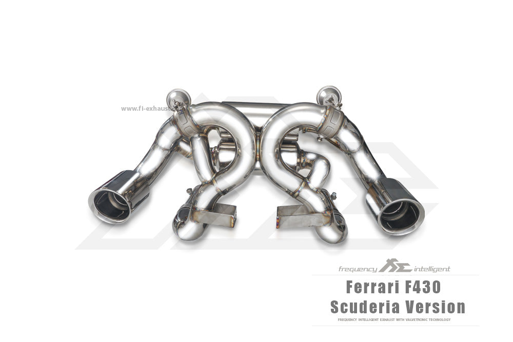 Ferrari F430 Scuderia Version catback exhaust system with valvetronic technology for enhanced performance and sound. High-quality stainless steel construction for durability and style. Upgrade your Ferrari F430 Scuderia Version with our aftermarket catback exhaust for a thrilling driving experience.